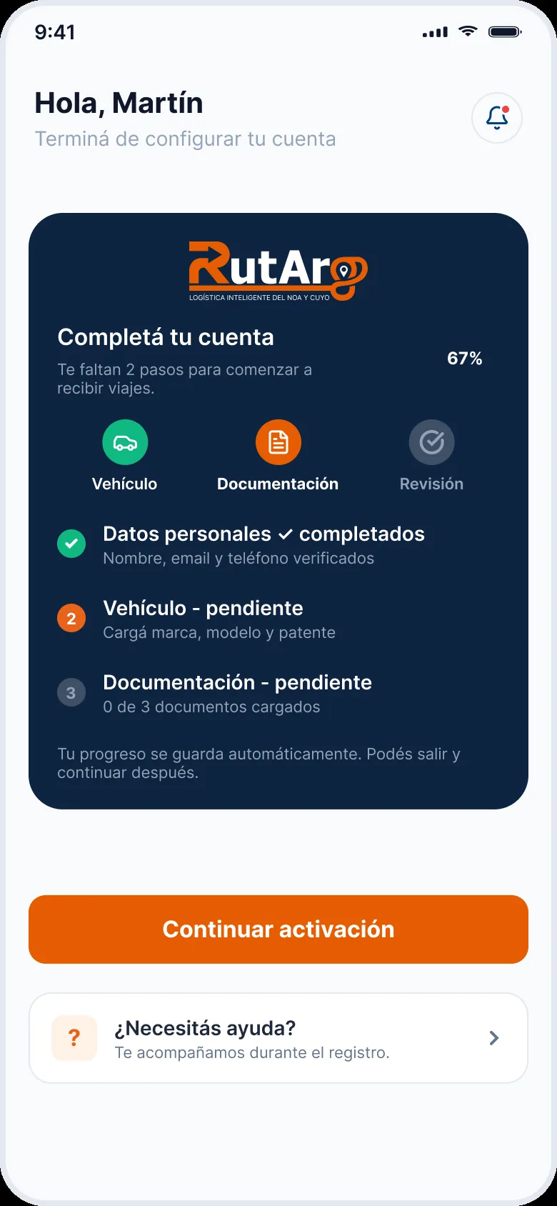 Pantalla de pedidos en la app RutArg Driver