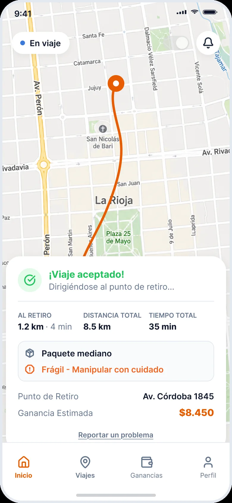 Pantalla de viajes en la app RutArg Driver
